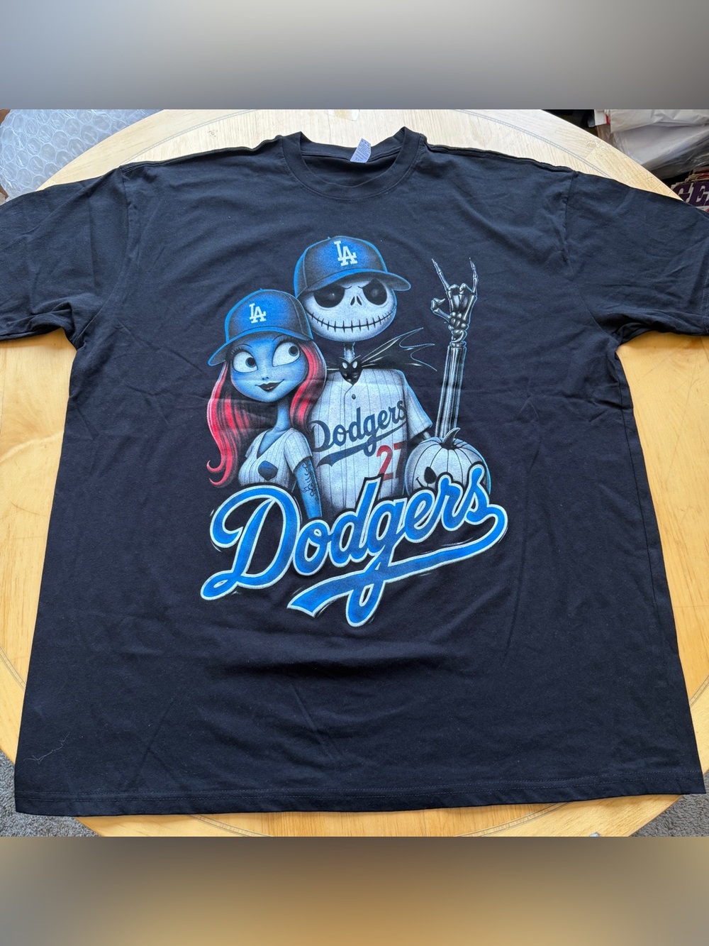 LA Dodgers Jack Skellington Sally Graphic Tee Black 2XL Halloween Baseball